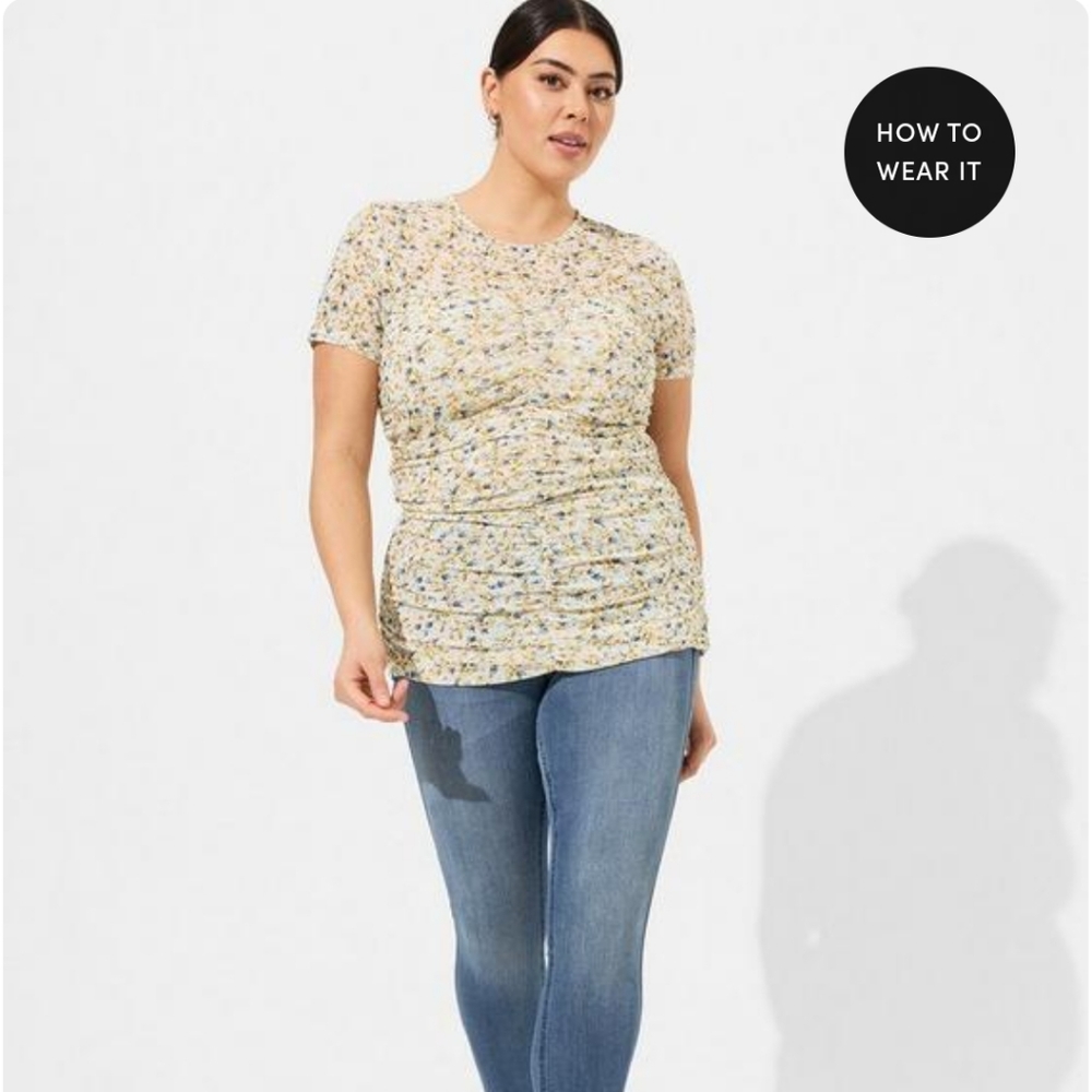 Torrid Stretch Mesh Crew Neck Ruched Top Ditsy Floral